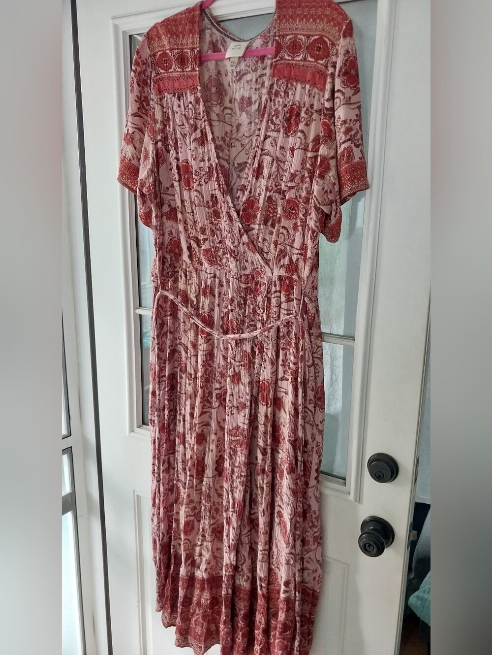 Knox Rose Pink Floral Boho Faux Wrap Maxi Dress Pockets Size XXL EUC